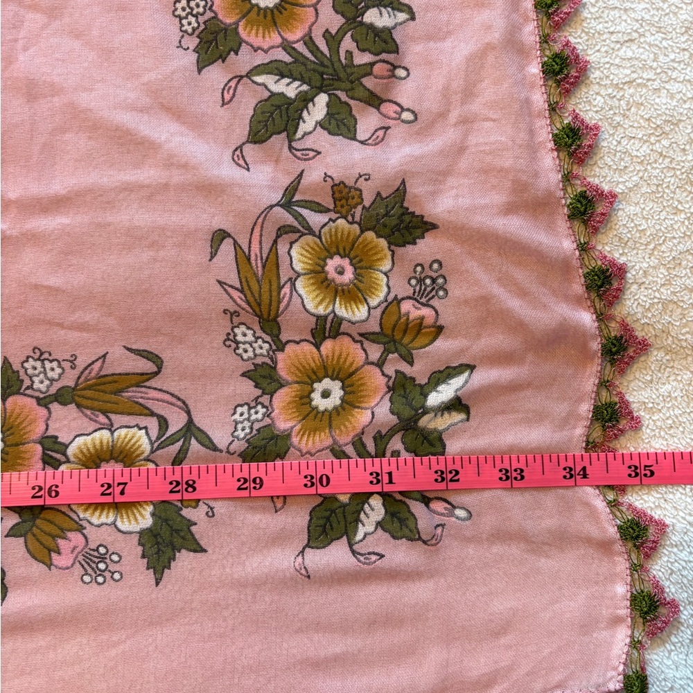 Vintage Turkish Cotton Oya Scarf, Pink Floral Print with Pink Green Lace Trim - Picture 11 of 11